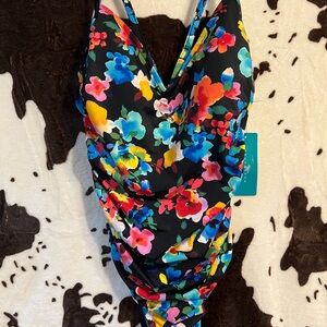Aqua Green Black and Blue One Piece Swimsuit with Ruched V-Neckline
